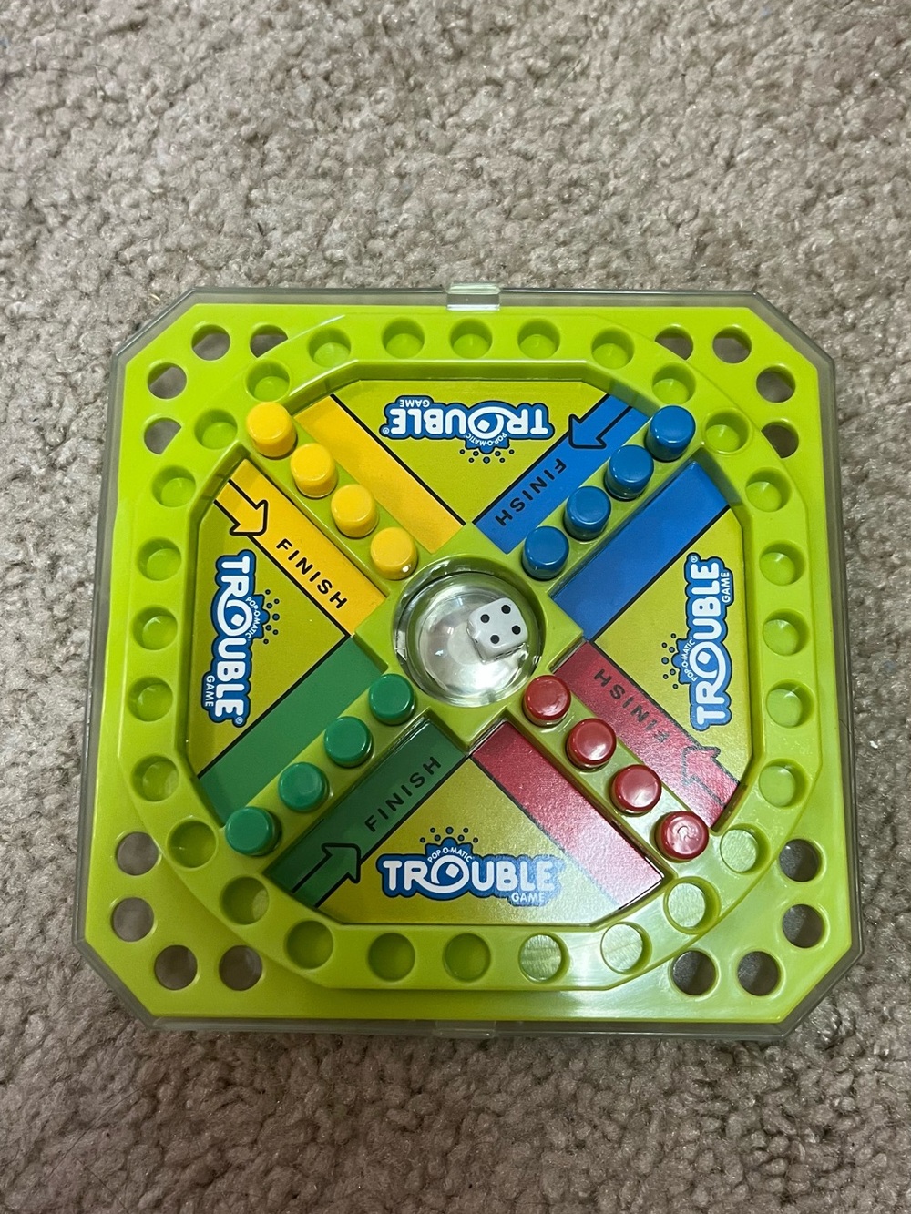 Hasbro Trouble Travel Game - Lime Green with Red, Blue, Yellow, Green Pegs